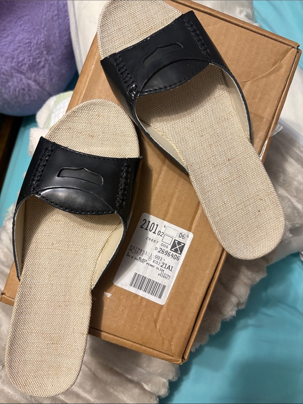 Lands' End Black Patent Penny Slide Mules with Beige Footbed